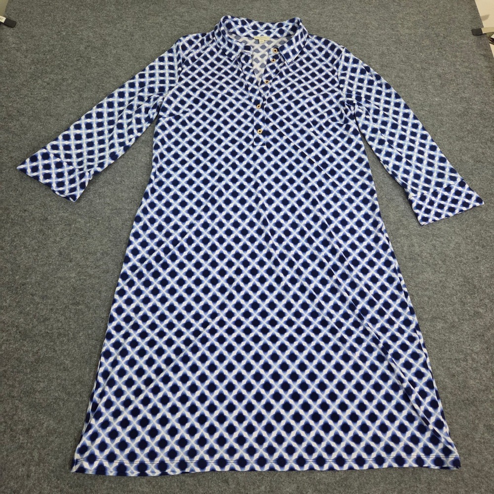 Talbots Dress Womens L Blue White Geometric Print Collared 3/4 Sleeve Stretch